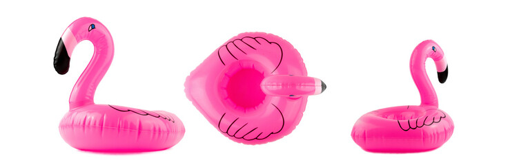 Flamingo isolated. Pink inflatable flamingo for summer beach isolated on white background. Pool...