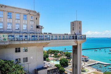 View of Lacerda Elevator and Todos os Santos Bay (Baia de Todos os Santos) in Salvador, Bahia. Famous tourist spot in Brazil.