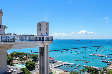 View of Lacerda Elevator and Todos os Santos Bay (Baia de Todos os Santos) in Salvador, Bahia. Famous tourist spot in Brazil.