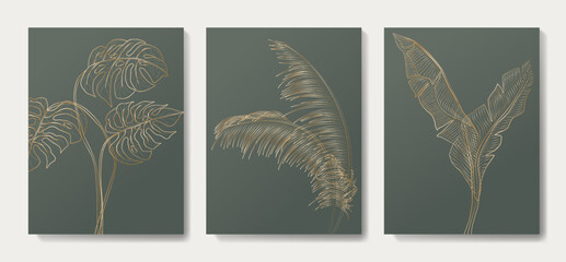 Luxury art background with tropical palm leaves and monstera in gold line art style. Botanical minimalist print set for interior design, poster, textile, wallpaper, packaging. © VectorART