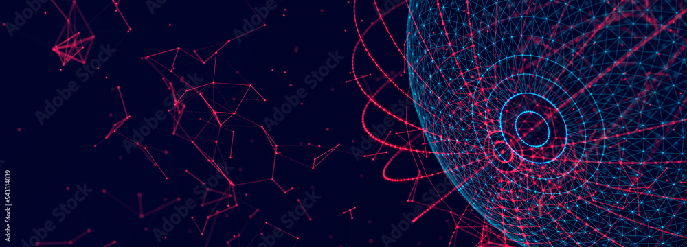 Poster Digital technology background. Abstract sphere with elements connecting dots and lines. Network connection 3d Widescreen