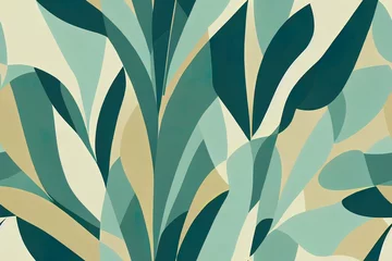 Fotobehang Stijlen patronen Abstract geometric, natural shapes in minimal nordic style. Modern seamless pattern with tropical leaves, geo elements for minimalist art print, textile, boho wallpaper decor. 2d illustrated  © AkuAku