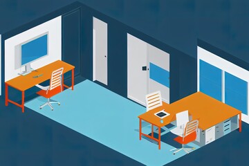 3d isometric view office room, working place. Working room with table, monitor, gallon of water, dispenser, personal computer, keyboard, door and frame. 3d illustration. Warm light.