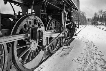 Fototapeta na wymiar winter detail of a Czech steam locomotive