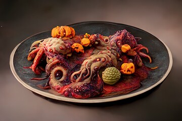A dish composed of human parts, guts, skulls, bones, and other toxic guts, served on Halloween with pumpkin. Isolated on grey background. 3D illustration.