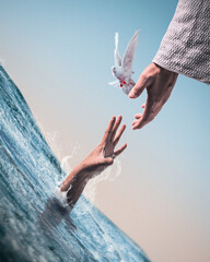 Rescue hand. Person drowning in the sea. Holy Spirit. Helping gesture of hands. Saved by Jesus...