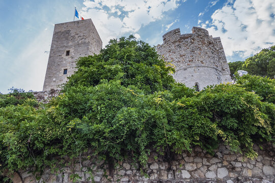 Suquet hill with The Castre Castle (Chateau de la Castre, built in 11th century) at the top which dominates the city and the bay of Cannes. Cannes, France.