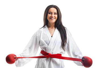 karate girl wearing kimono and red gloves portrait against white background