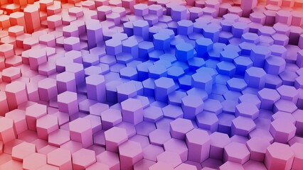 Abstract background with waves made of orange-blue gradation futuristic honeycomb mosaic hexagon geometry primitive forms that goes up and down under blue back-lighting. 3D illustration. 3D CG.