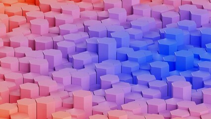 Abstract background with waves made of orange-blue gradation futuristic honeycomb mosaic hexagon geometry primitive forms that goes up and down under blue back-lighting. 3D illustration. 3D CG.