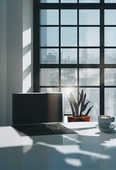 workplace in office interior with blank white mock up laptop computer screen, window with beautiful nature view, coffee cup and other items on desktop, pieces of furniture and daylight. 3D Rendering