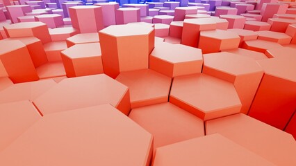 Abstract background with waves made of orange-blue gradation futuristic honeycomb mosaic hexagon geometry primitive forms that goes up and down under blue back-lighting. 3D illustration. 3D CG.