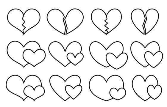 Heart black outline icon set. Different shape romantic linear love symbol. Couples of hearts in love and broken concept icons. Coloring book page with wedding or Valentine day signs isolated on white