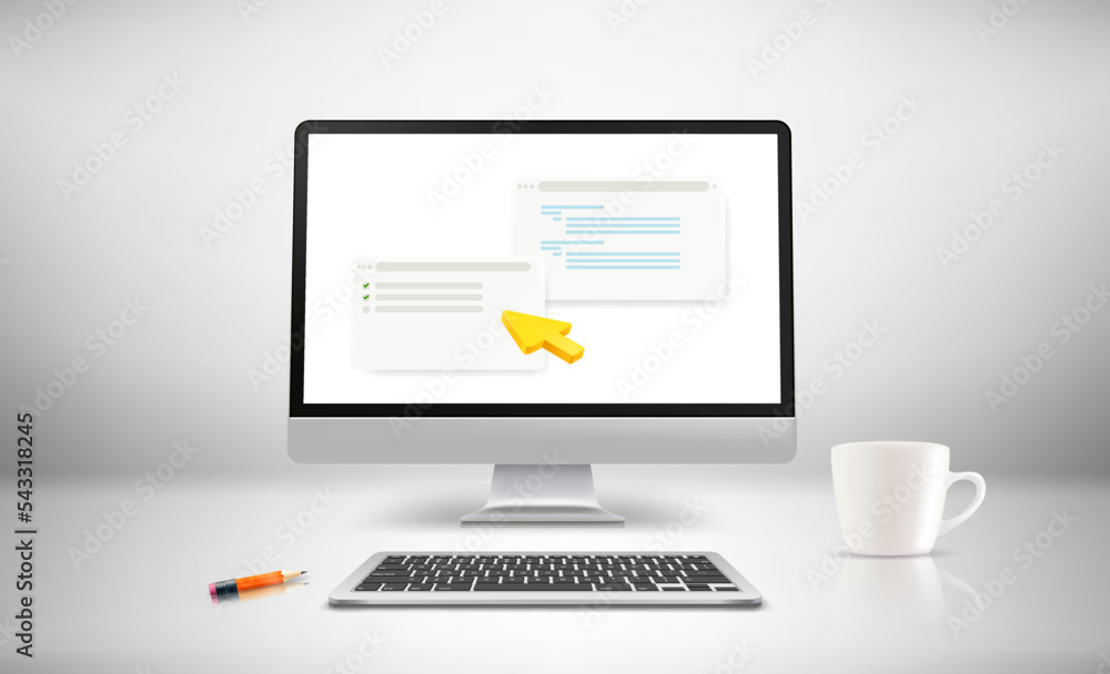 Poster White room with modern computer and windows on the screen. 3d vector illustration