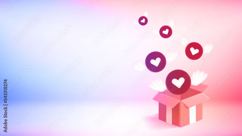 Poster red hearts flying with the wings. 3d vector banner with copy space