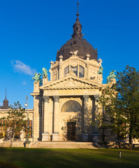 Fototapeta na wymiar Cityscape of Budapest with building of Szechenyi thermal bath in sunny autumn day.