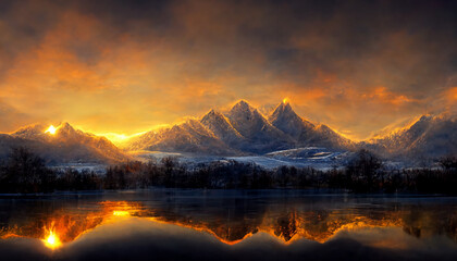Amazing mountain winter scenery. winter landscape with snow, mountains and magical sunset reflection in a lake. ai illustration, fantasy painting, digital art, artificial intelligence artwork