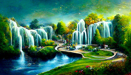 Beautiful magical landscape, paradise, eden. Lots of greenery, flowers and waterfalls. AI illustration, fantasy painting, digital art, artificial intelligence artwork
 - obrazy, fototapety, plakaty