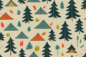 Hand drawn camping elements seamless pattern. Camping background. Camping doodle illustration. 2d illustrated illustration. Seamless pattern with cartoon camp bag, guitars, mugs, Camping tents