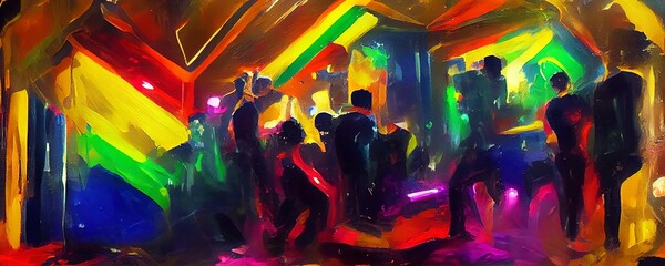 Illustration of dancing people in a club. Abstract illustration with oil paint, paint splatters with vibrant colors and rainbow flag colors. Concept for LGBT pride parade, happy dancing at nightclub.