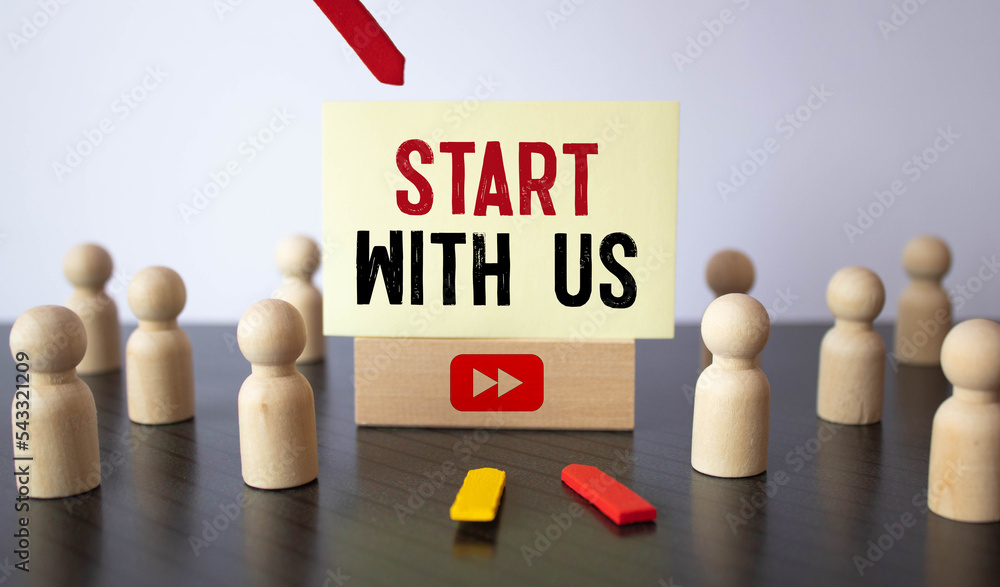 Poster The text Let us get started with red notebook aside isolated on a white paper background.