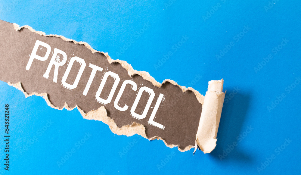 Poster protocol word written on wood block. protocol text on wooden table for your desing, concept