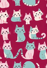 Obraz na płótnie Canvas Pink and white cat seamless pattern. Meow and cat paws background 2d illustrated illustration. Cute cartoon pastel character for nursery girl baby print.