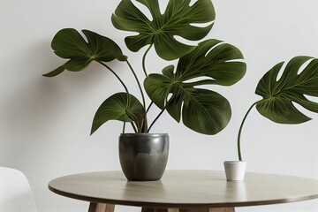 Realistic 3D render for products overlay. A blank white round table among tropical monstera plants with sunlight, beautiful leaves shadow on white wall in background. Mock up, Display, Podium, Stand.