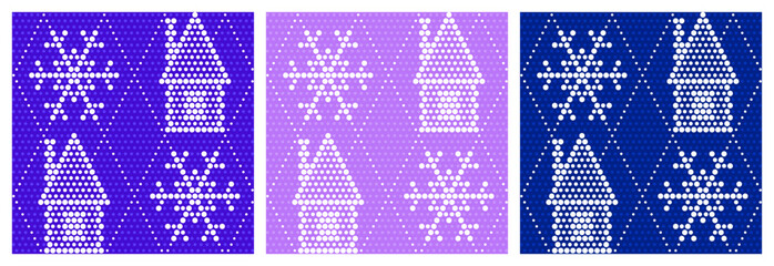 Fototapeta premium Seamless pattern with farm house, snowflakes and dotted texture. Each pattern is isolated. Winter seamless pattern for Christmas or New Year decoration, cover or other using. Vector illustration. Set.