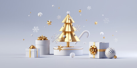 3d render, Christmas ornaments, golden fir tree and wrapped gift boxes isolated on white background. Holiday wallpaper