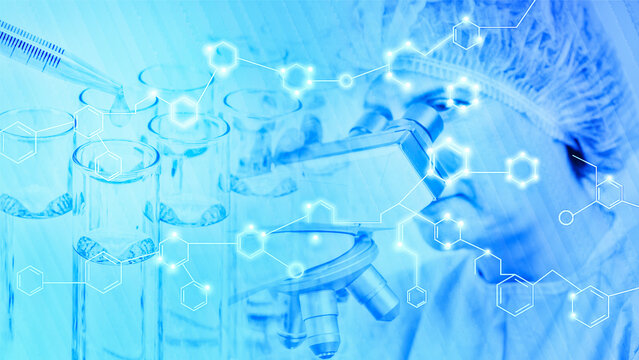 Research and development background of scientist in lab overlay with molecular