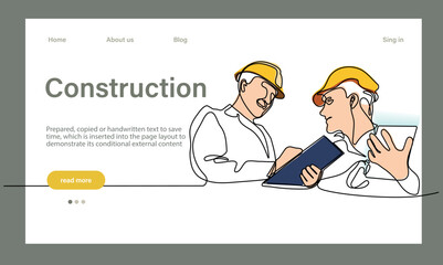 Vector landing page of architecture works with protective face masks for safety in machine industrial factory. Continuous one line drawing for your minimal design