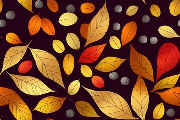 Seamless pattern with autumn leaves and berries. 2d illustrated graphics.