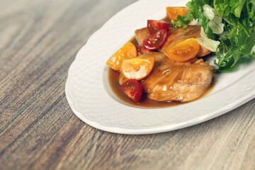 Tasty meat dish stew, made of beef chuck steak, traditional meal.