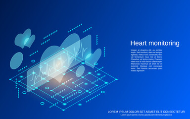 Healthcare, heart functions monitoring flat 3d isometric vector concept illustration