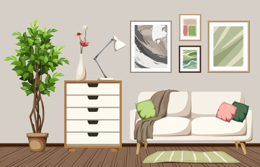 Living room interior design with a white sofa, a big ficus tree, and wall paintings. Modern interior. Cartoon vector illustration