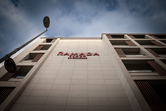 ISTANBUl, TURKEY - MAY 21, 2022: Ramada logo in front of their main hotel for Istanbul. Ramada is an American chain of hotels and resorts spread worldwide, part of wyndham group....
