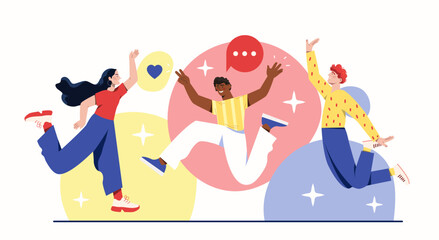 Dancing people concept. Men and women jumping. Positivity and optimism, happy characters. Entertainment and active lifestyle. Students and friends. Poster or banner. Cartoon flat vector illustration