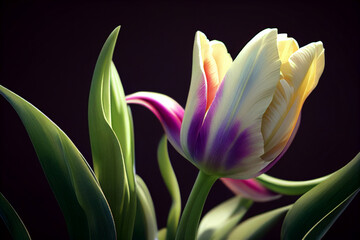 White and pink closeup tulips flower with natural background and wallpaper. 3D illustration