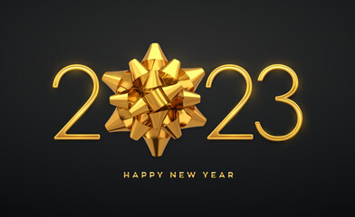 Obraz na płótnie Canvas Happy New 2023 Year. Golden metallic luxury numbers 2023 with golden gift bow. Realistic sign for greeting card. Festive poster or holiday banner design. Vector illustration.
