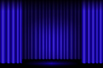 blue curtain in classic style. Theatrical blue curtain. Vector illustration. Stock picture.