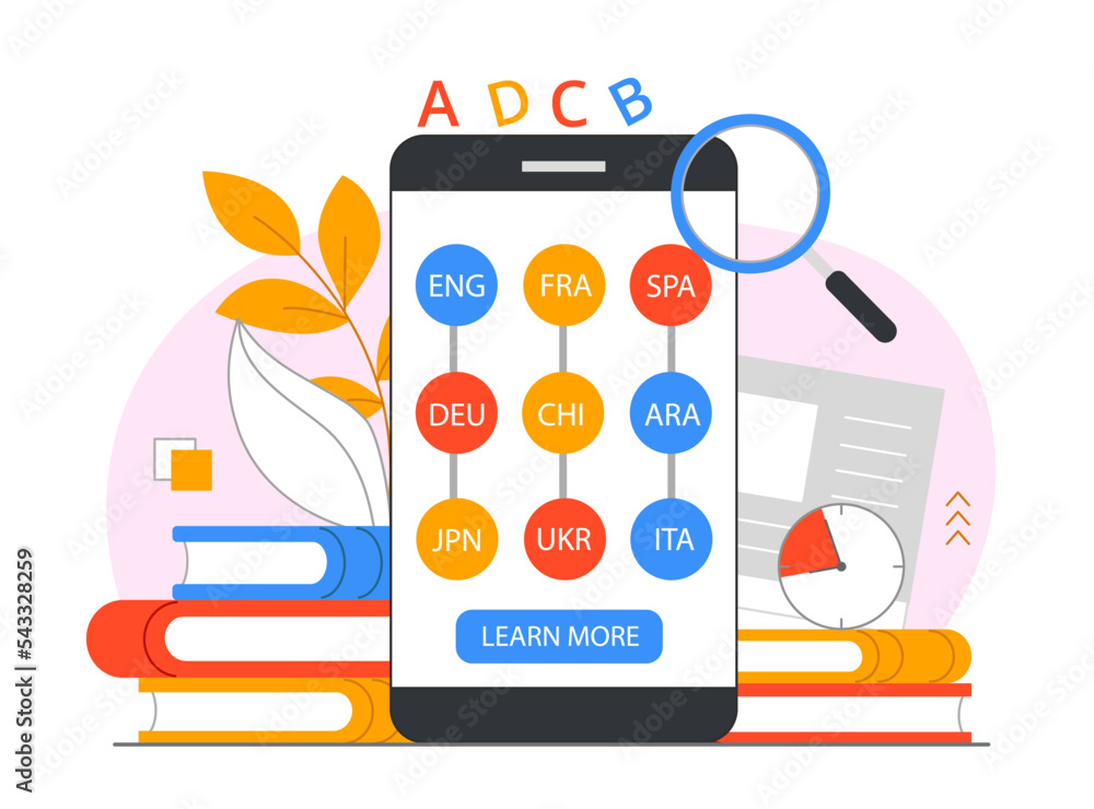 Poster linguistics infographics concept. app or program for smartphone with names of different countries an