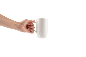 Hand and white cup isolated on transparent background