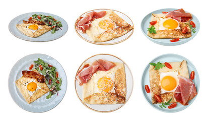 Set with delicious crepes with eggs on white background. Breton galette. Banner design - obrazy, fototapety, plakaty