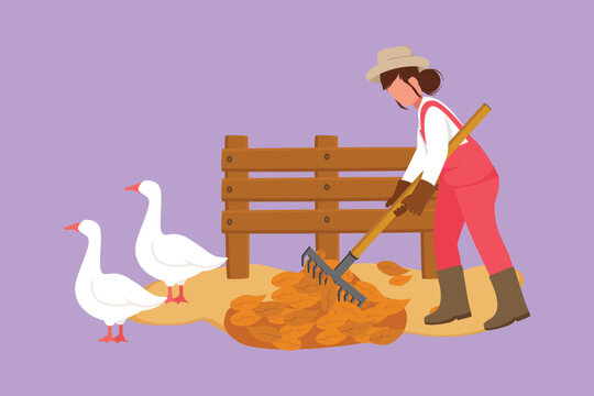 farmer raking leaves near geese, purple background clip art preview