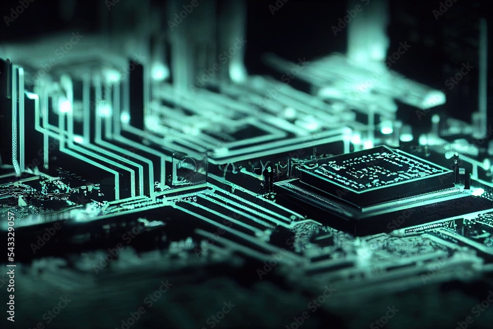 Poster 3d rendering of cyberpunk ai. circuit board. technology background. central computer processors cpu 