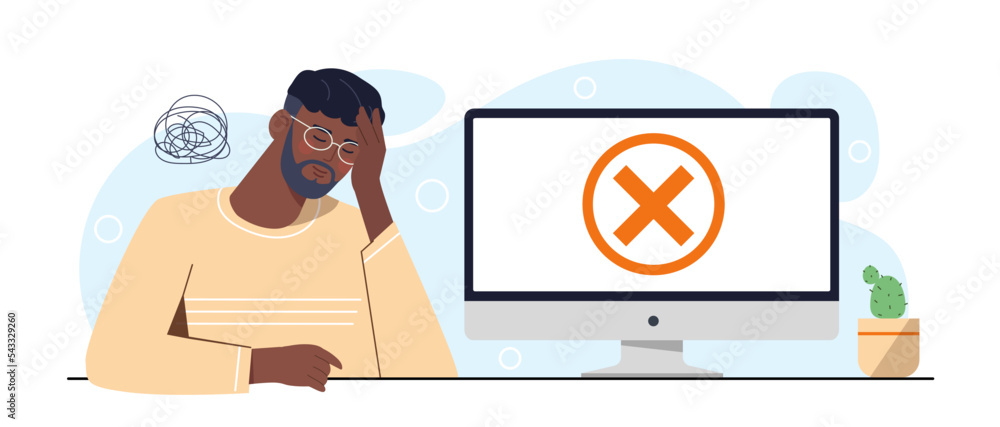 Aufkleber person looking at computer. man sees failure on screen, error and technical difficulties. modern tec