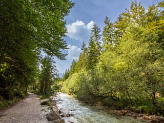 Hiking trail, mountain path, and an alpine moutain river stream going through a Typical alpline...