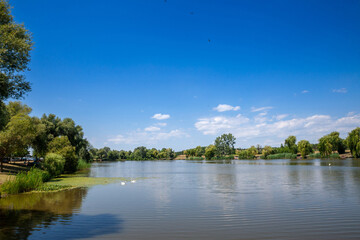 Obraz premium Panorama of Lake Jezero Tresetiste in summer, during a sunny afternoon. Tresetiste is a pond lake in Subotica, near suboticka pescara, in Serbia, vojvodina...