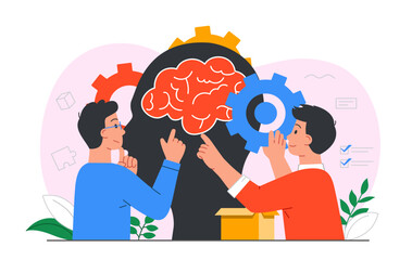 Psychological health concept. Men on background of abstract silhouette of head. Creative personalities, thought processes. Mental health and psychological help. Cartoon flat vector illustration